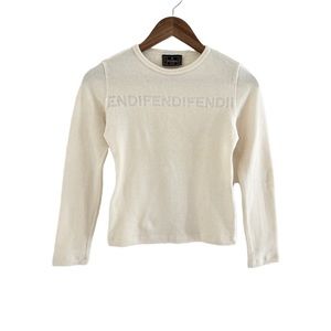 Vintage Fendi Jeans Logo Wool Knit Crop Cream Sweater